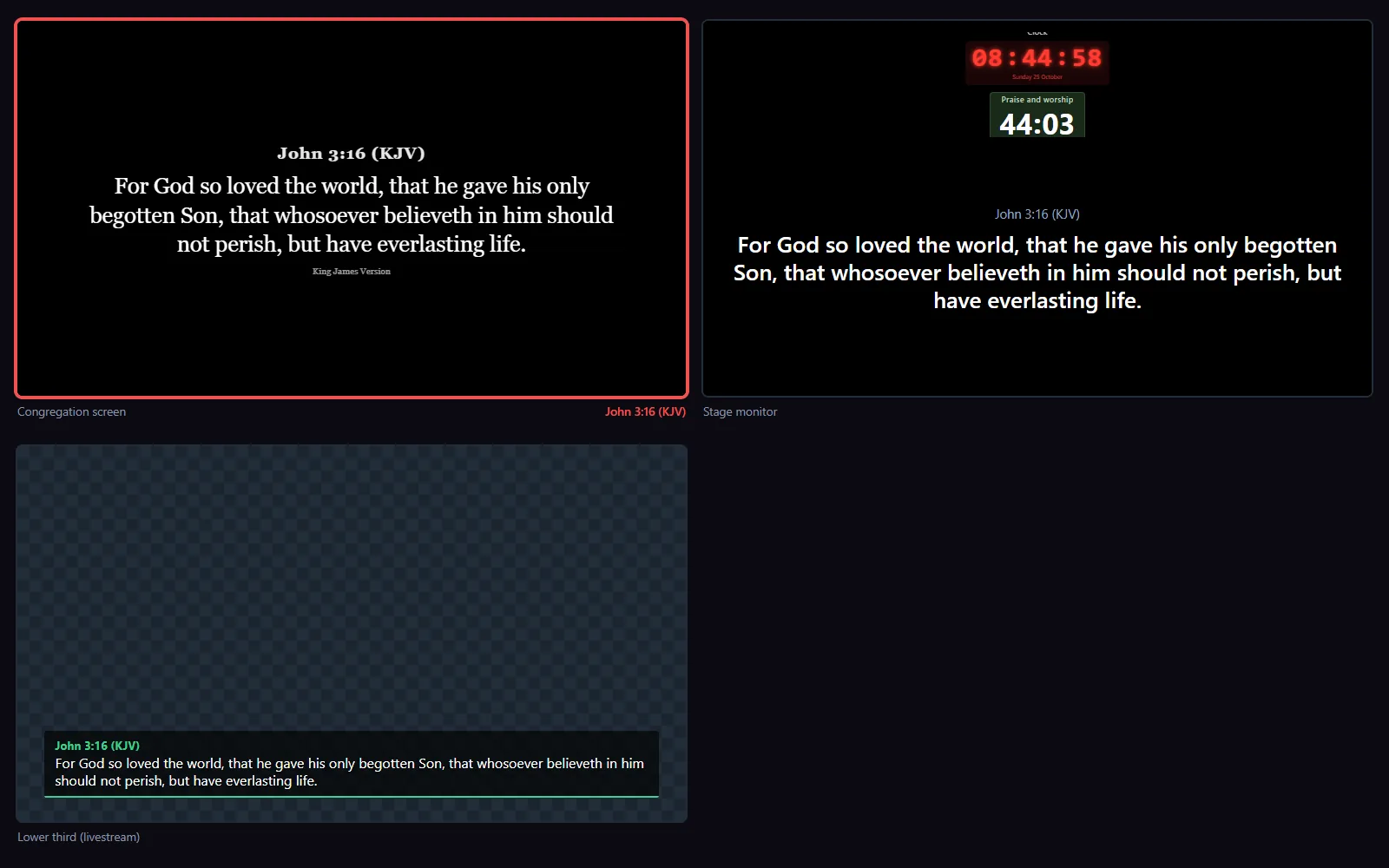 Multiview of the congregation screen, stage monitor and lower third