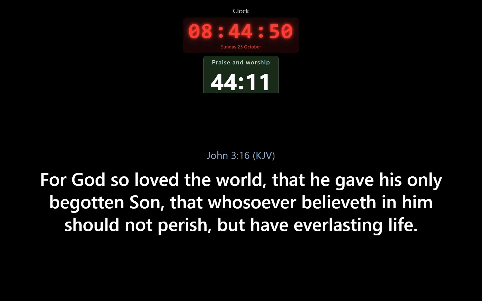 The stage monitor with a clock, the section timer and the verse