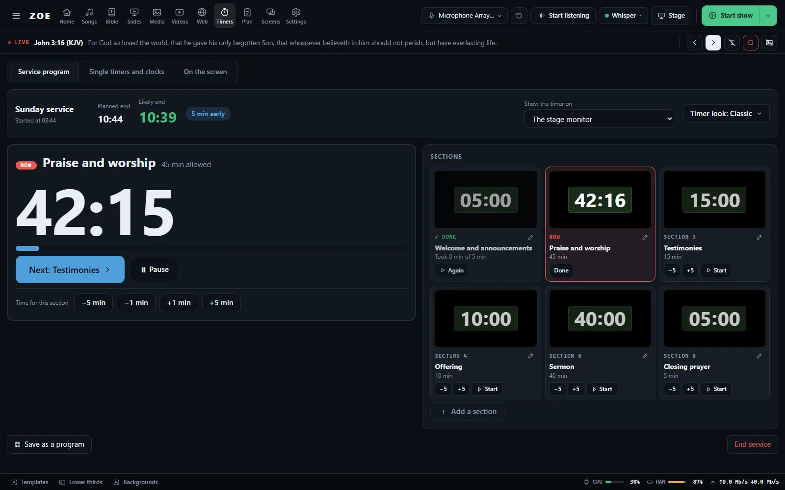 The service program running, with the likely end time